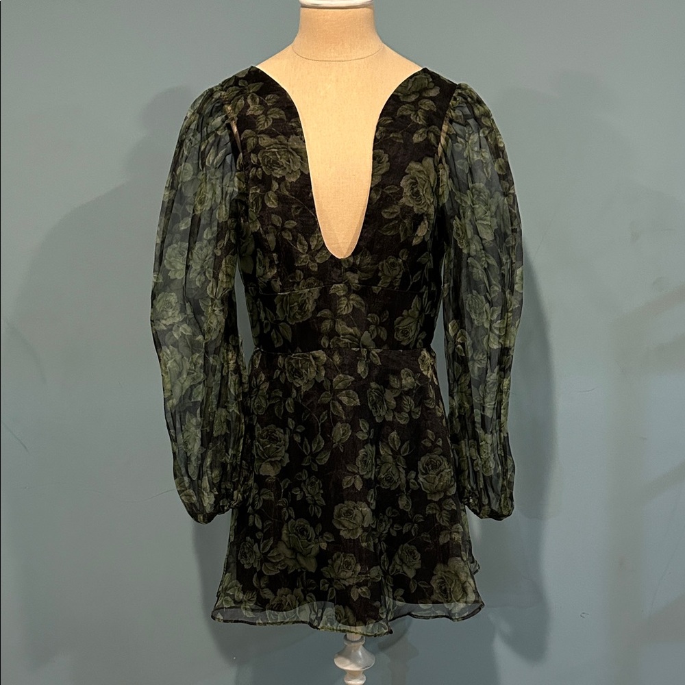 Hutch Long Sheer Puff Sleeve U-Neck Satin Mini Dress sz 6 Black & Green